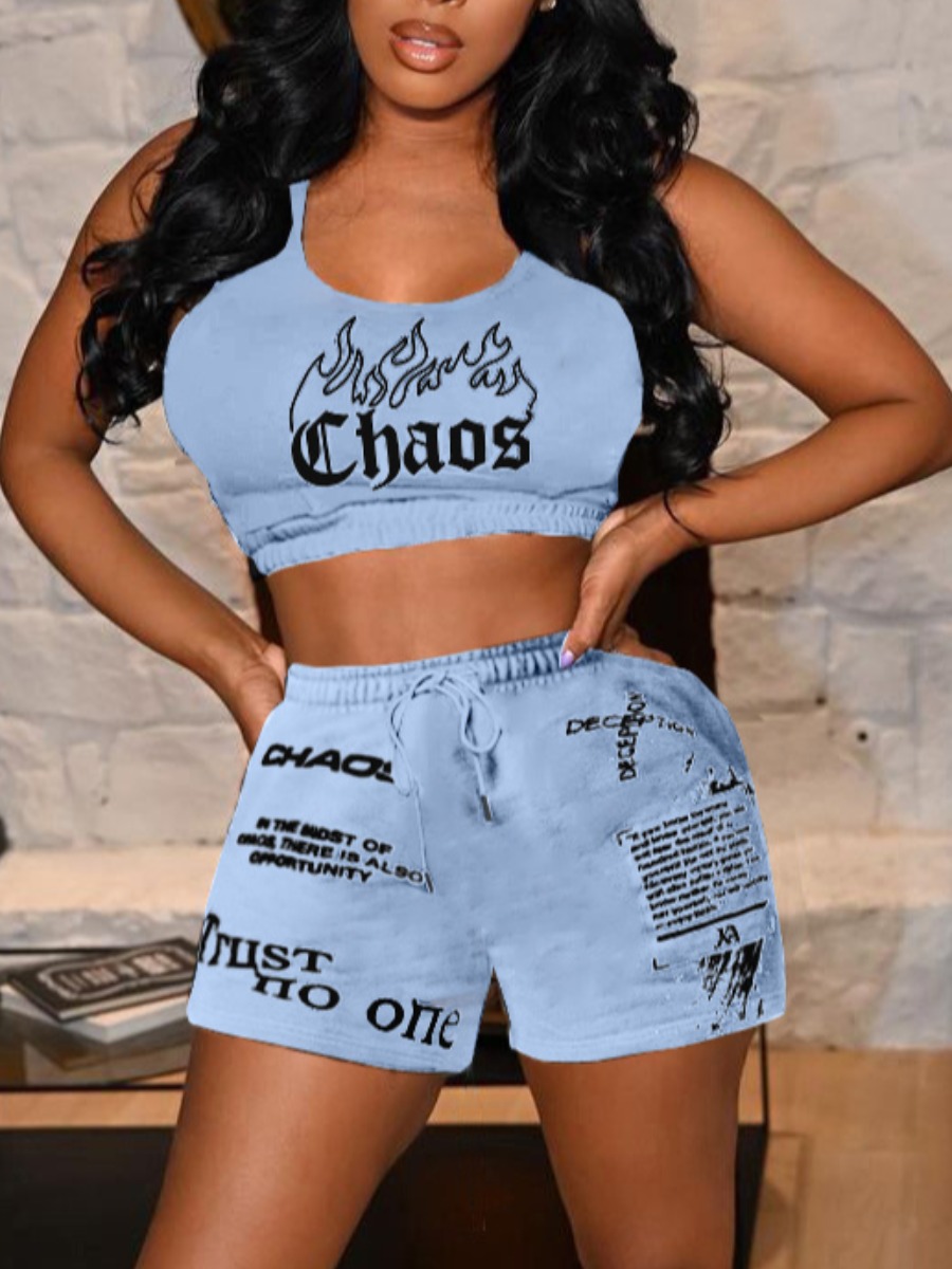 

LW Street Letter Print Bandage Design Blue Two Piece Shorts Set