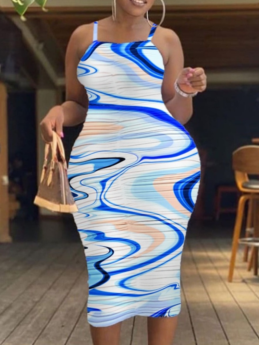 

Lovely Boho Gradient Print Skinny Blue Mid Calf Dress