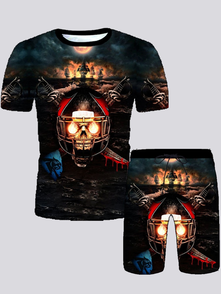 

Lovely Men Street Round Neck Mixed Print Multicolor Two Piece Shorts Set, Multi