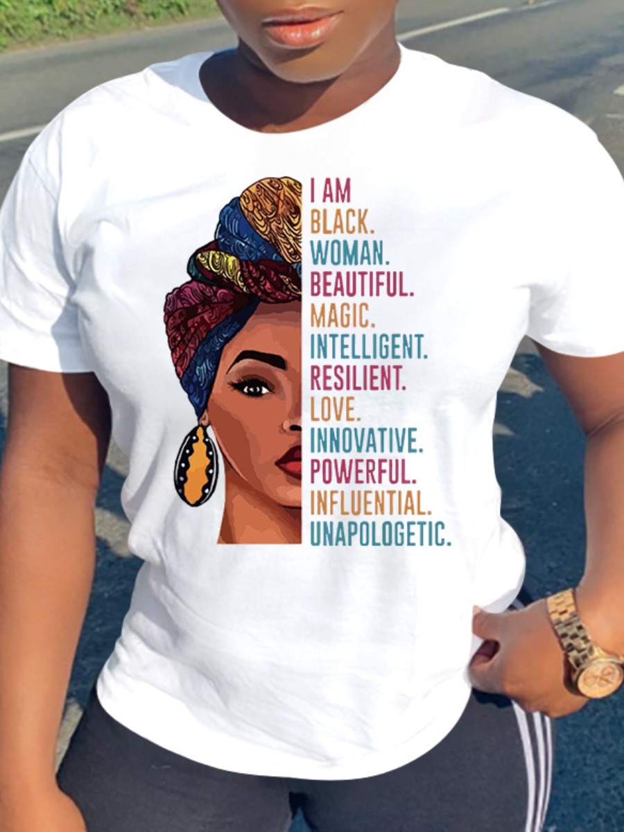

Lovely Casual Round Neck Portrait Print White T-shirt