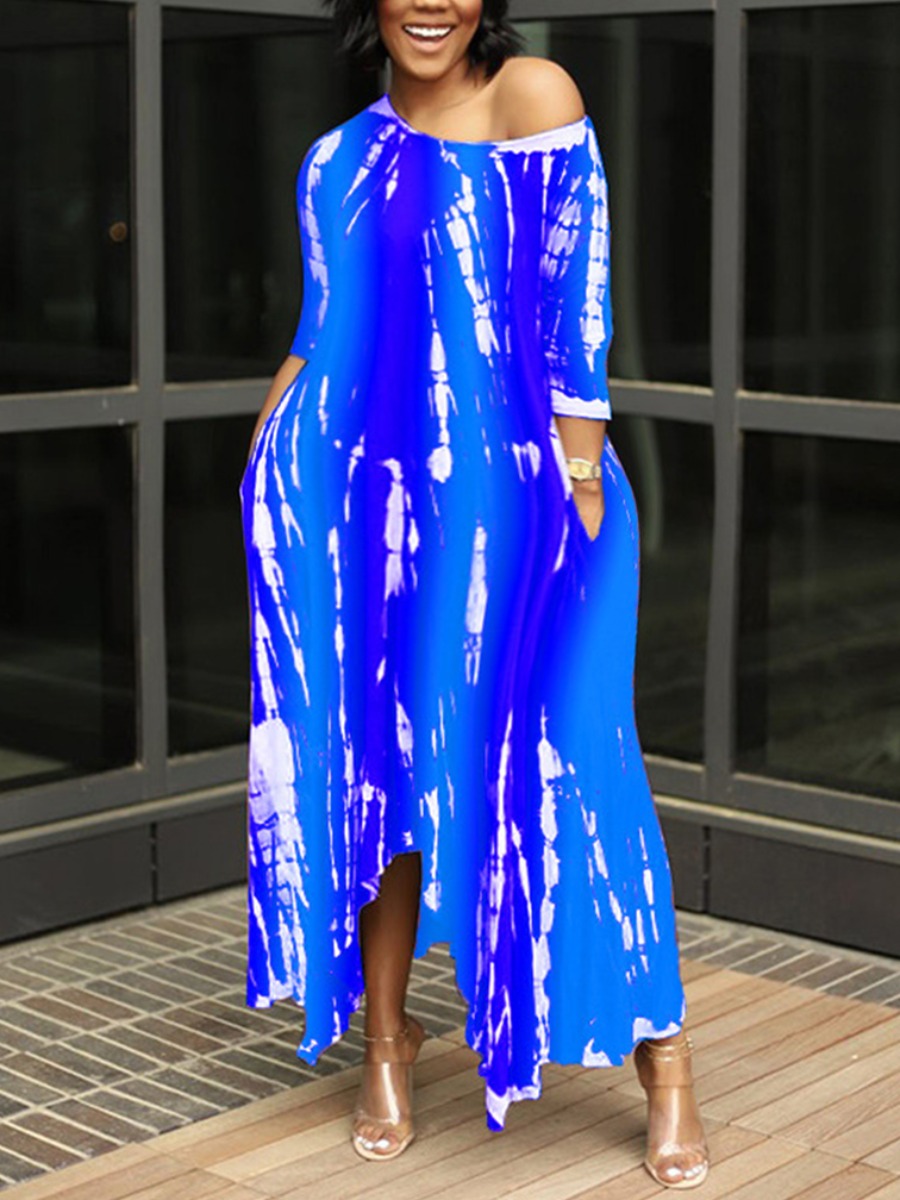 

Lovely Plus Size Casual Tie-dye Asymmetrical Blue Ankle Length Dress