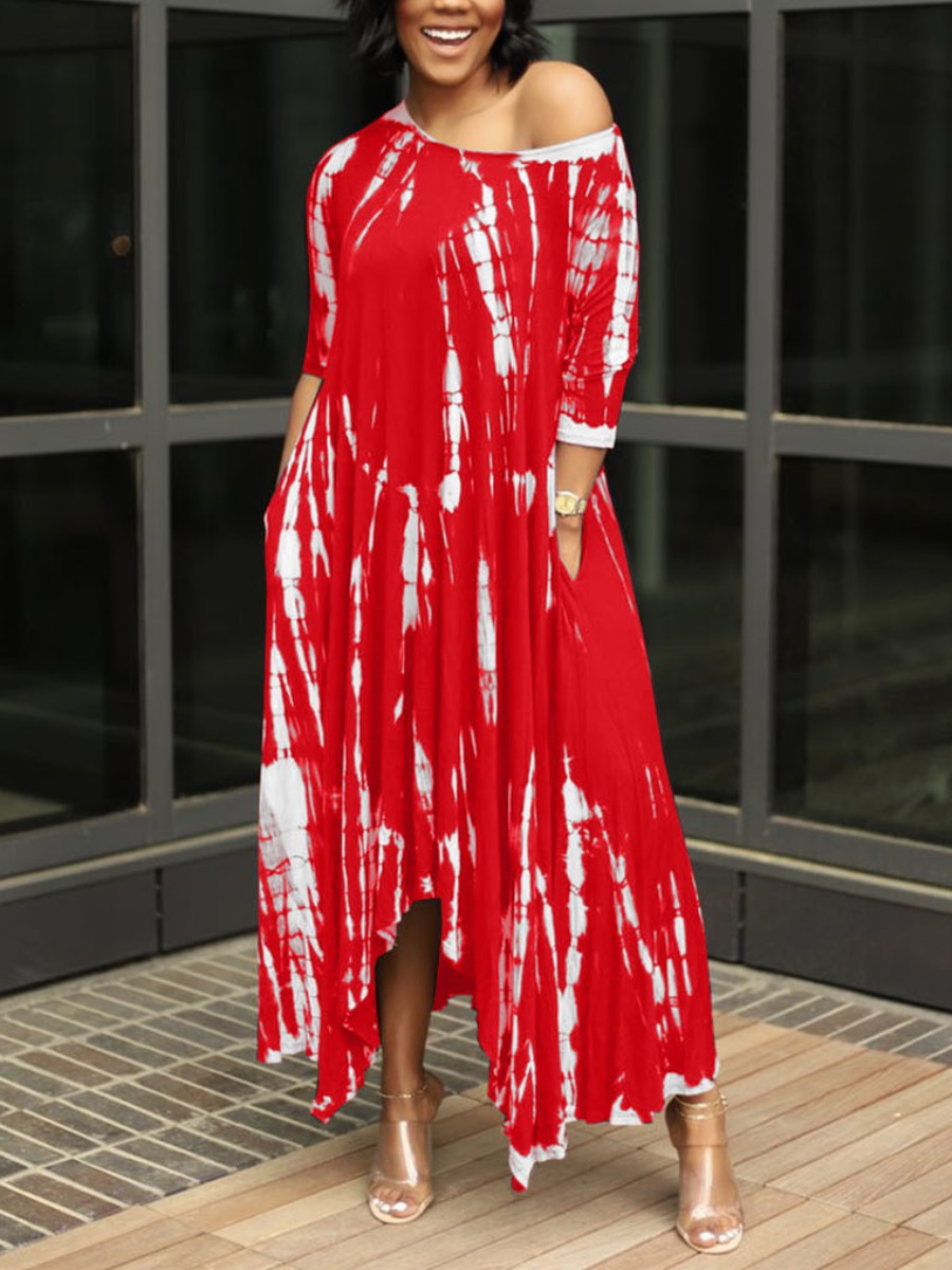 

LW Plus Size Casual Tie-dye Asymmetrical Red Ankle Length Dress