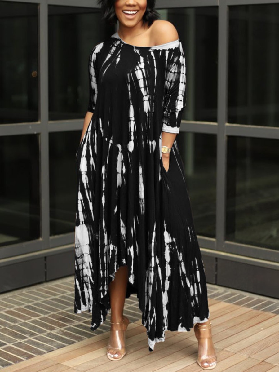 LovelyWholesale Plus Size Casual Tie-dye Asymmetrical Black Ankle Length Dress Summer Three Quarter Casual Basic One Shoulder  4X Spring Summer 2024