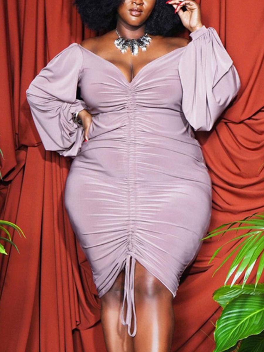 

LW Plus Size Elegant Fold Design Drawstring Light Purple Knee Length Dress