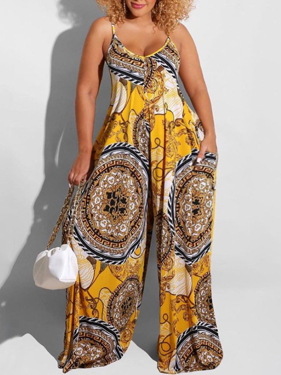 

LW BASICS Plus Size Street Backless Mixed Print Yellow One-piece Jumpsuit