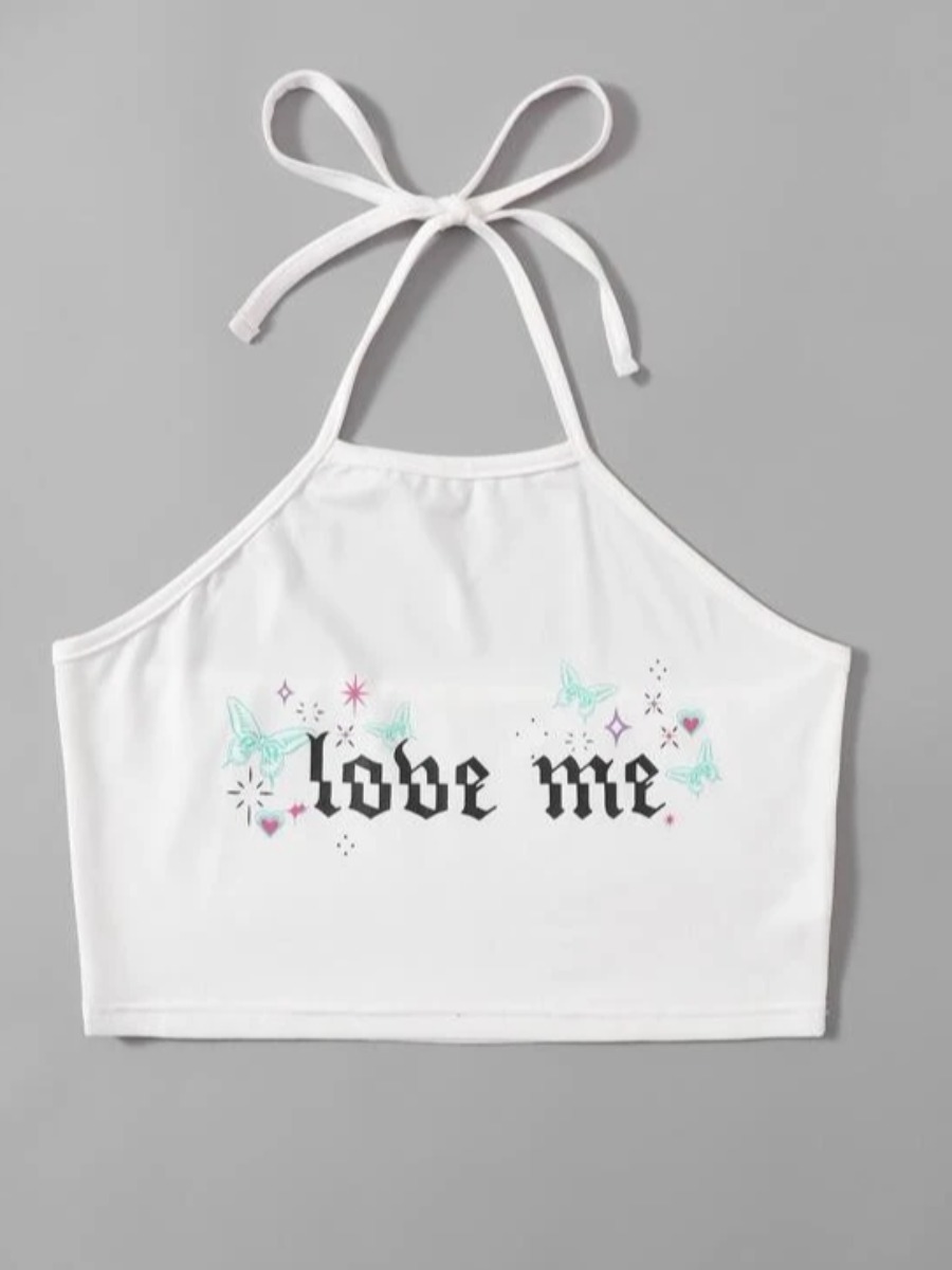 

Lovely Sweet Letter Print Drawstring White Camisole