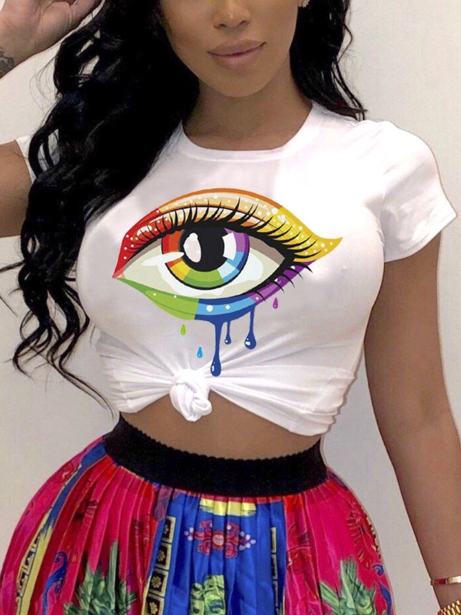 

Lovely Casual Round Neck Eye Print White T-shirt
