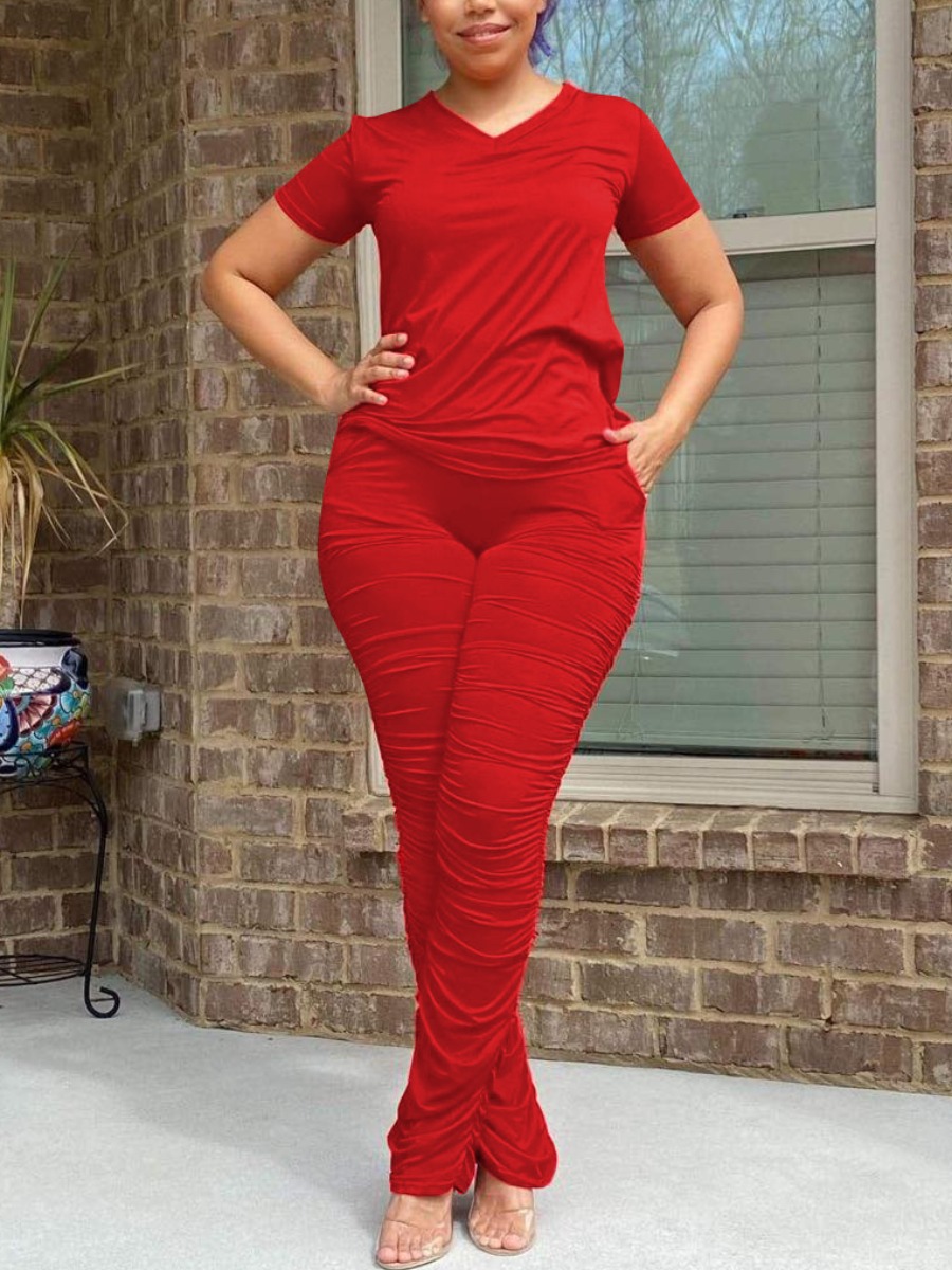 

Lovely Casual Round Neck Skinny Red Two Piece Pants Set