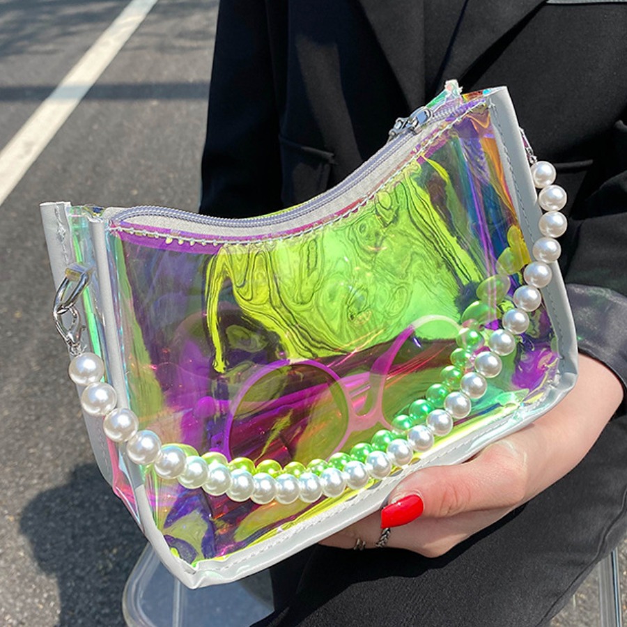 

Lovely Casual See-through Pearl Decoration Silver Shoulder Bag