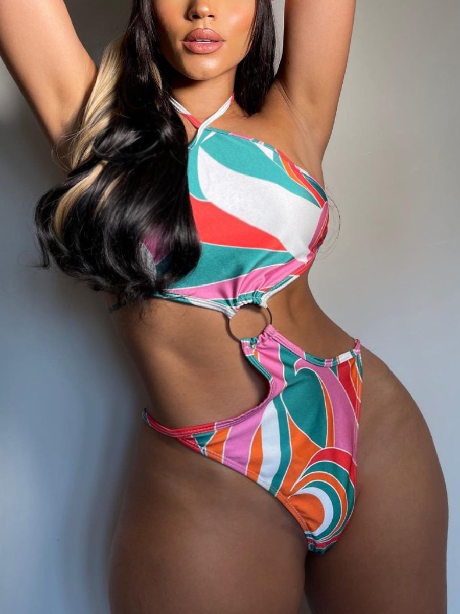

Lovely Boho Ring Detail Hollow-out Multicolor One-piece Swimsuit, Multi