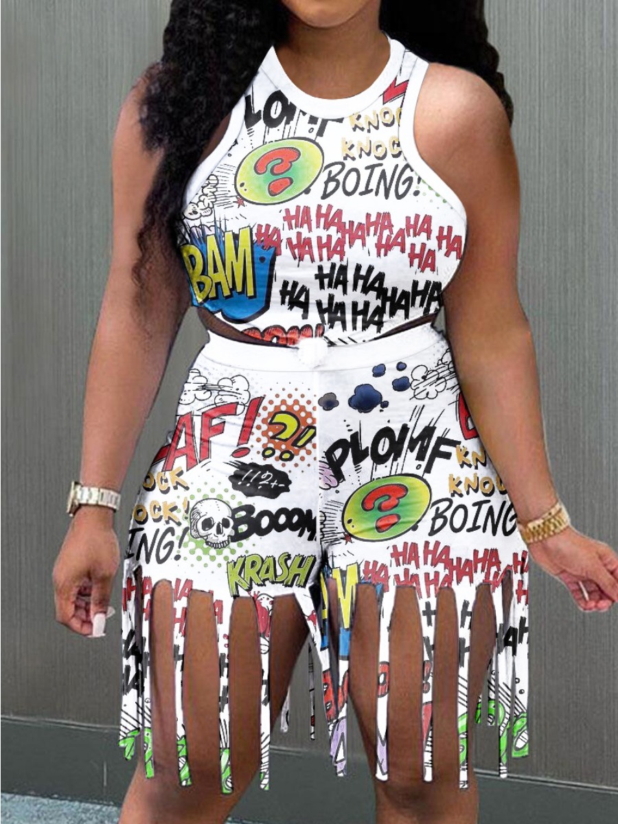 

LW Plus Size Street Letter Print Tassel Design White Two-piece Shorts Set