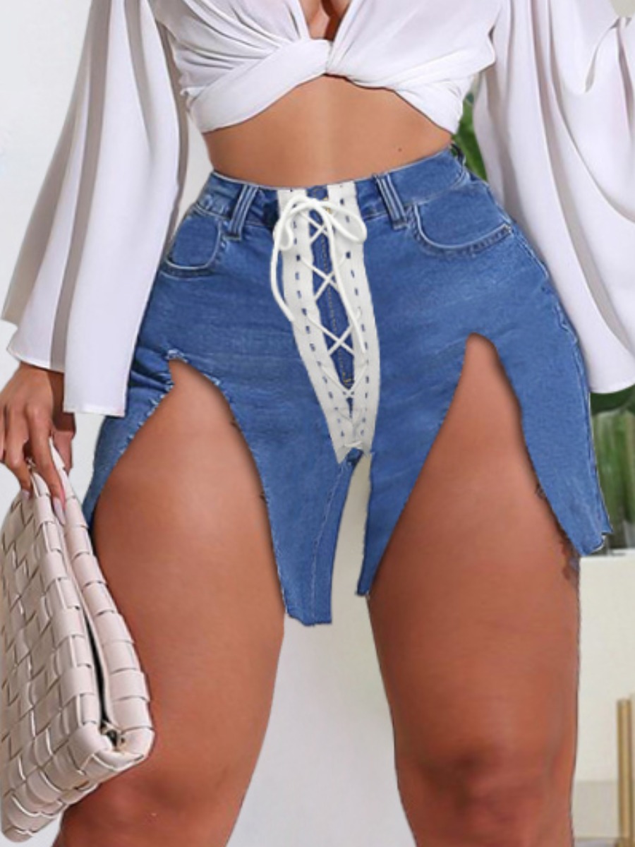 

Lovely Plus Size Street Asymmetrical Drawstring Blue Shorts