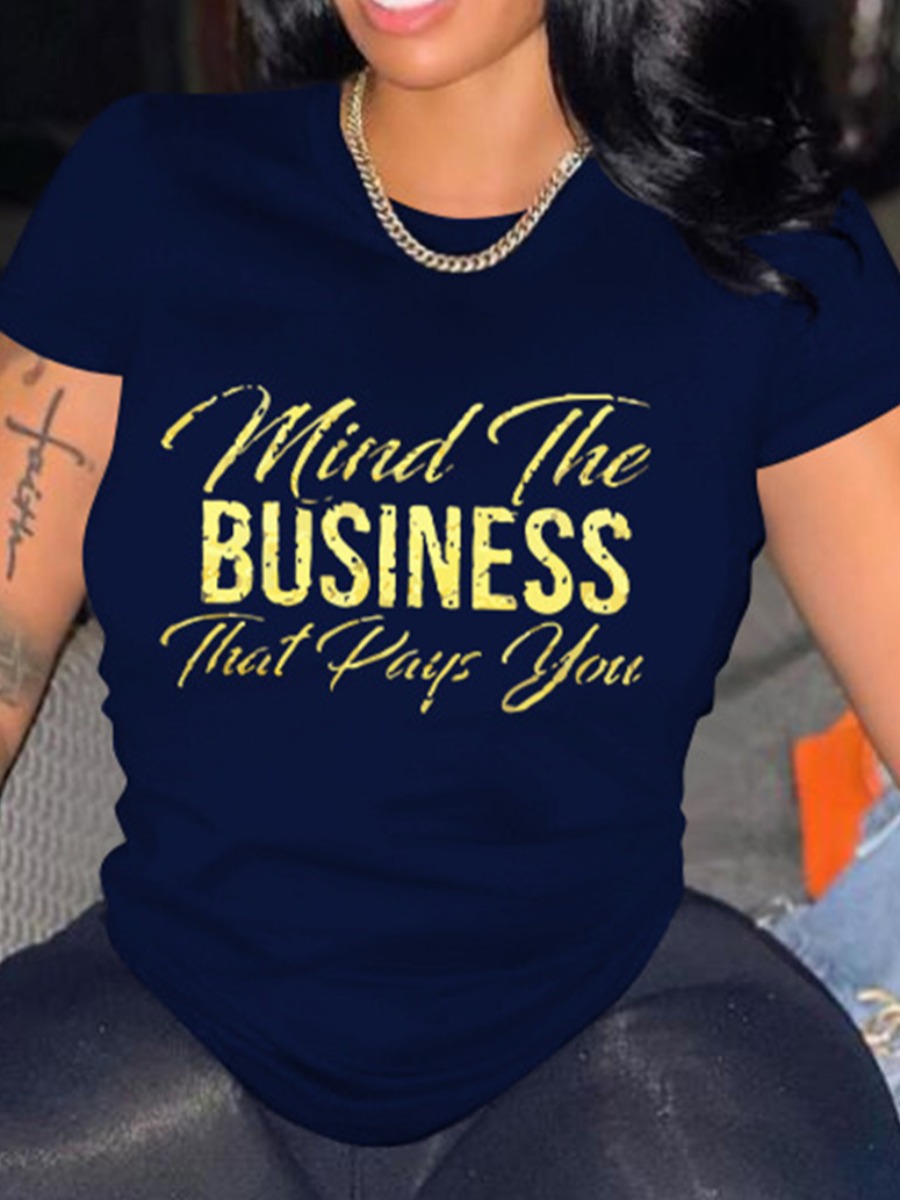 

Lovely Plus Size Casual Round Neck Letter Print Dark Blue T-shirt