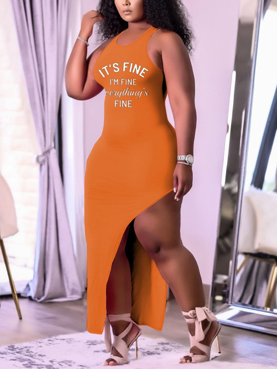 

Lovely Plus Size Street Letter Print Asymmetrical Croci Ankle Length Dress