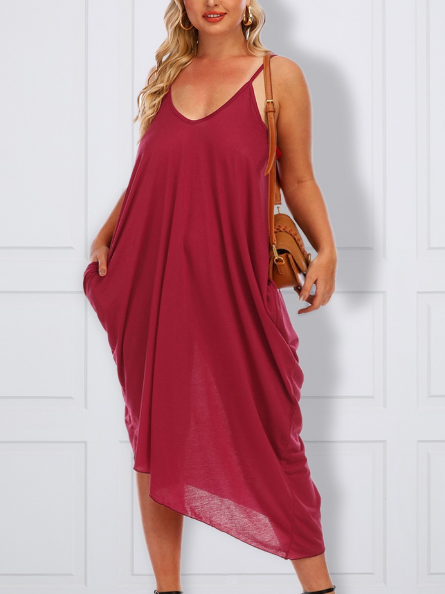 

Lovely Plus Size Casual Pocket Fold Design Red Mid Calf Dress