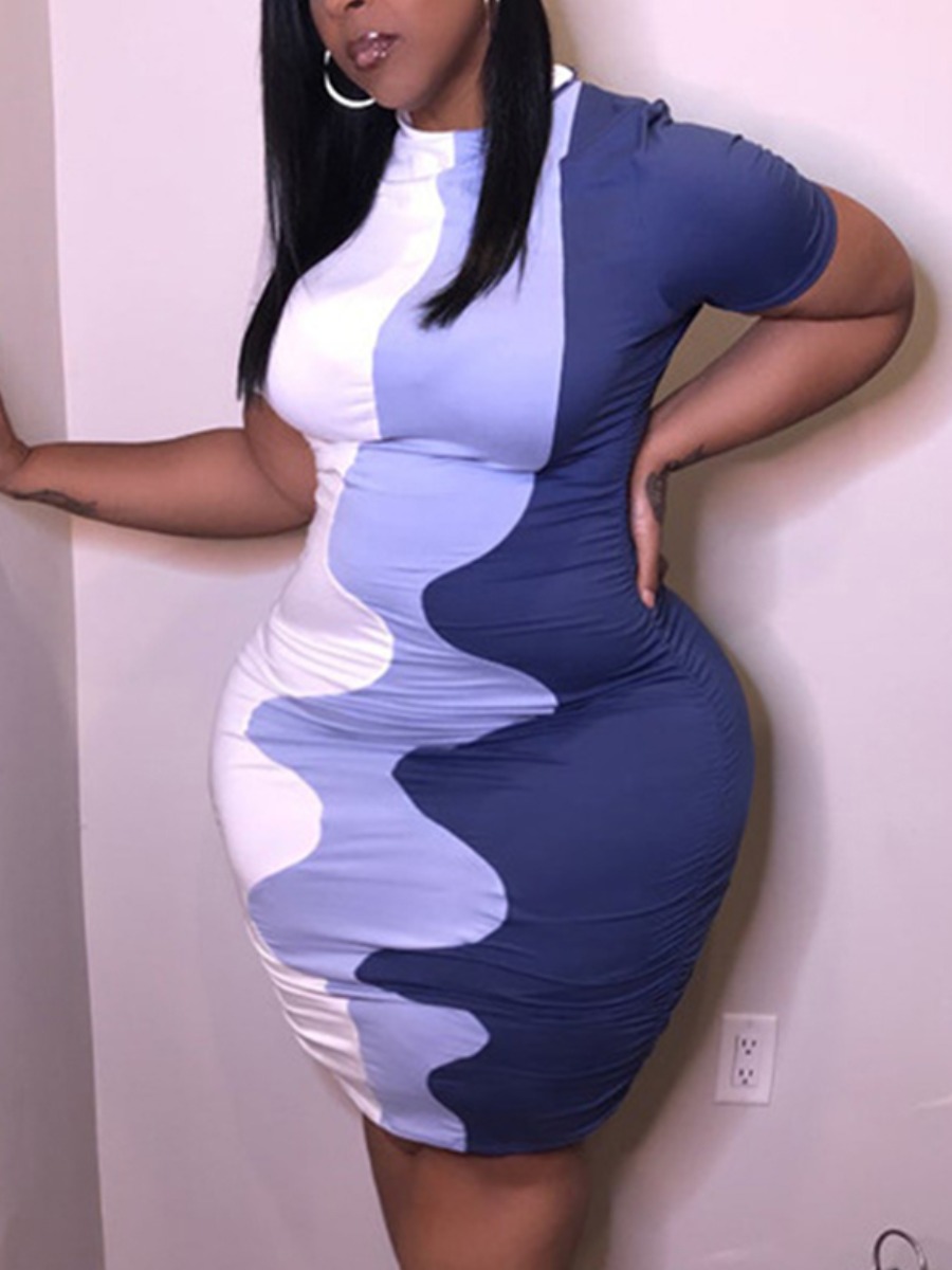 

Lovely Plus Size Casual Half High Turtleneck Color-lump Dark Blue Knee Length Dress, Deep blue
