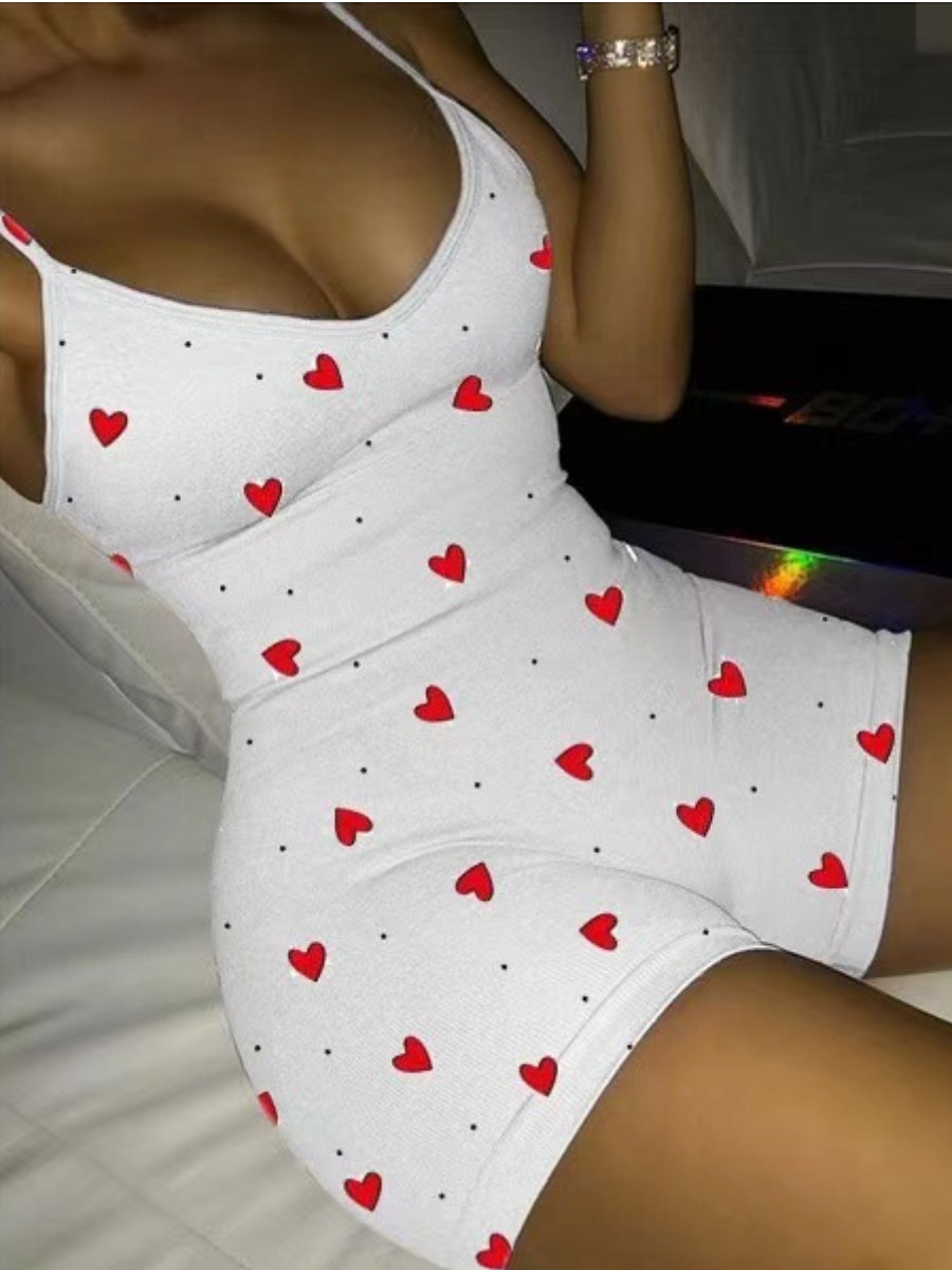 

Lovely Sexy Heart Print Skinny White One-piece Romper