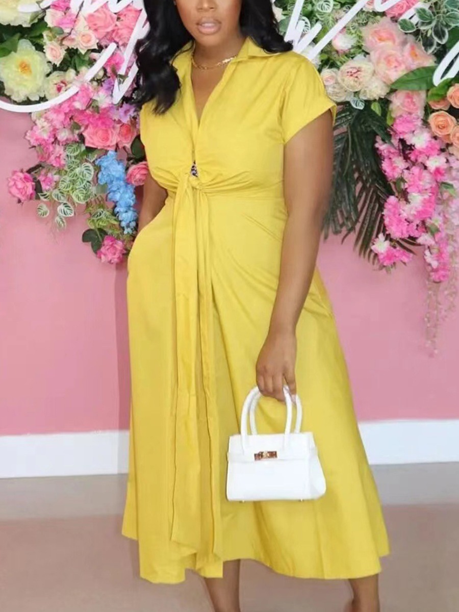

Lovely Casual Turndown Collar Bandage Design Yellow Ankle Length Dress