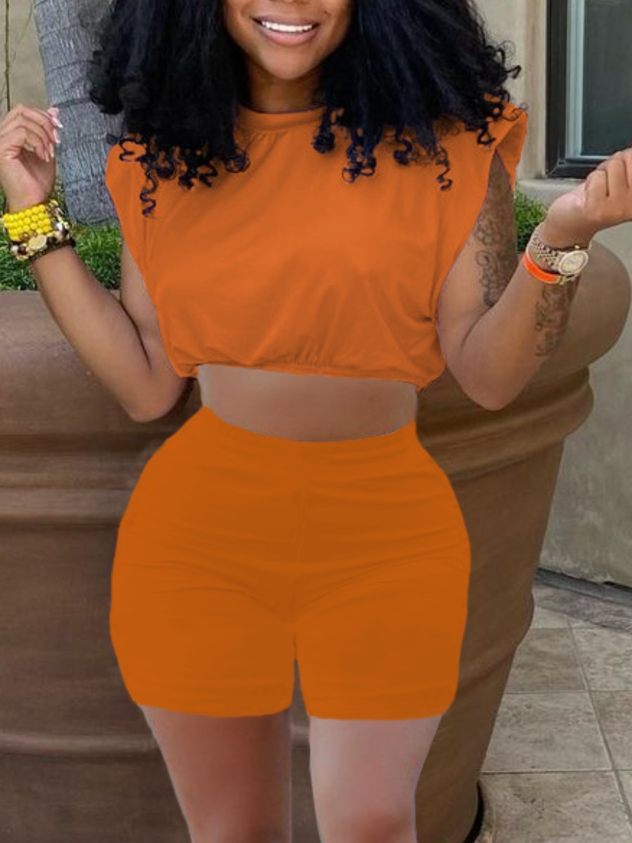 

Lovely Casual Round Neck Crop Top Croci Two Piece Shorts Set