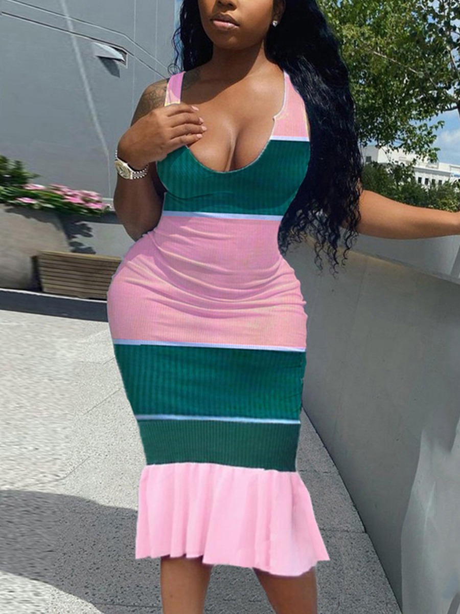 

Lovely Polyester Sweet Patchwork Off The Shoulder Split joint Skinny Sleeveless U Neck Mid Calf Sheath Yes(Elastic) Stitching Way, Pink