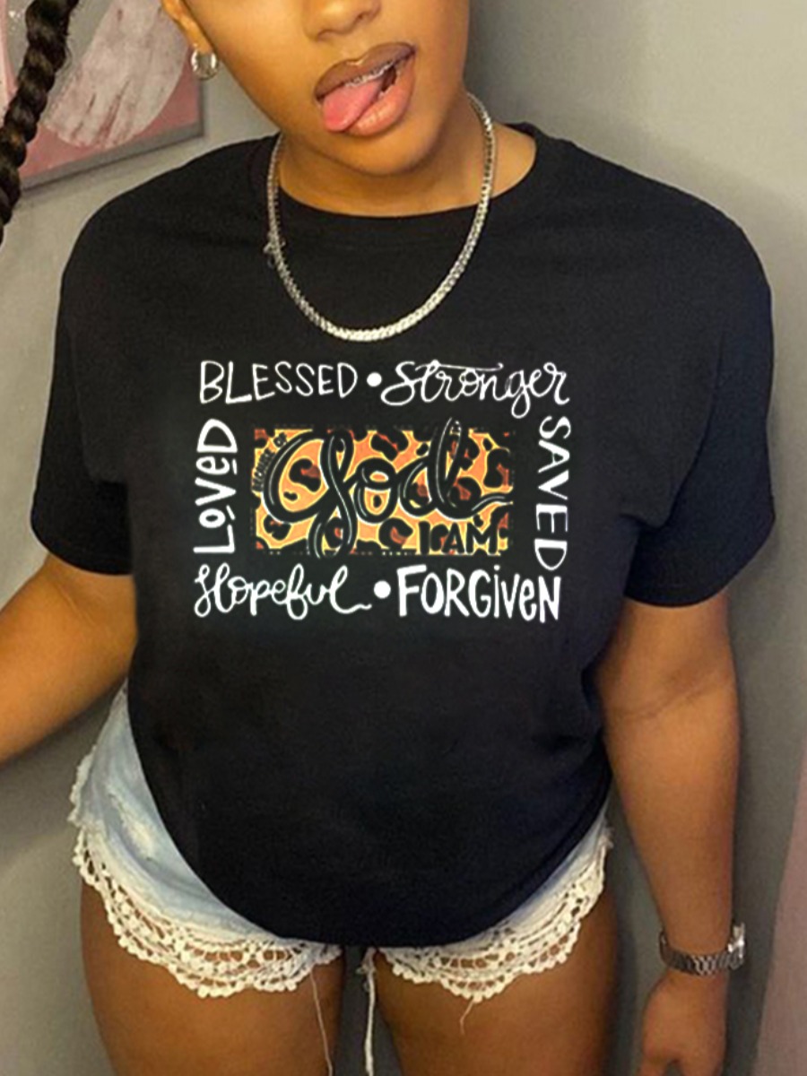 

Lovely Casual Round Neck Letter Print Black T-shirt