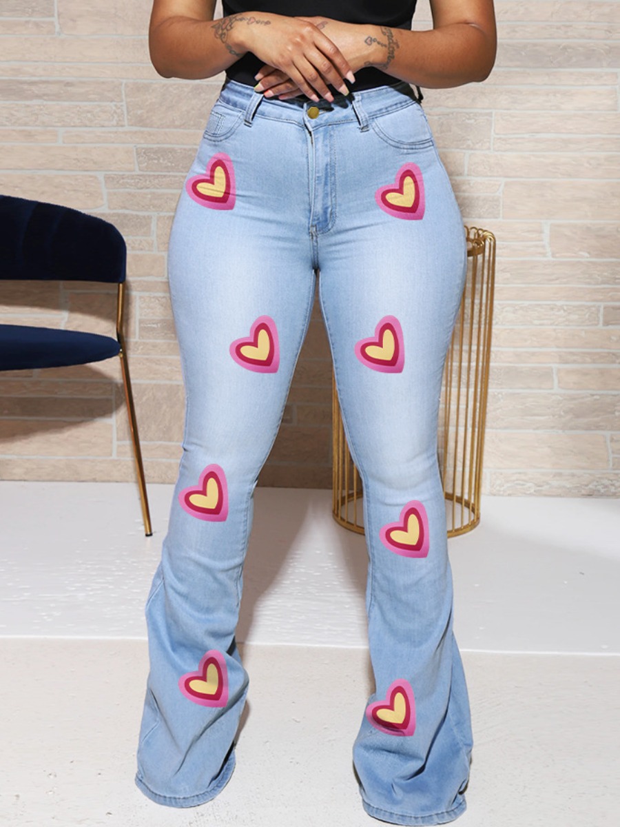 

LW Sweet High-waisted Heart Print Flared Baby Blue Jeans