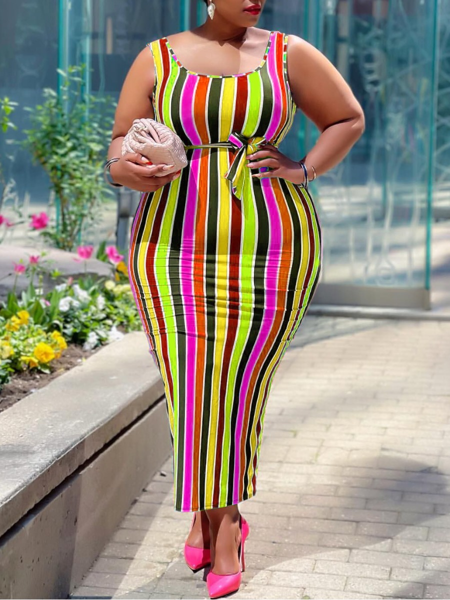 

Lovely Plus Size Boho U Neck Striped Yellow Ankle Length Dress