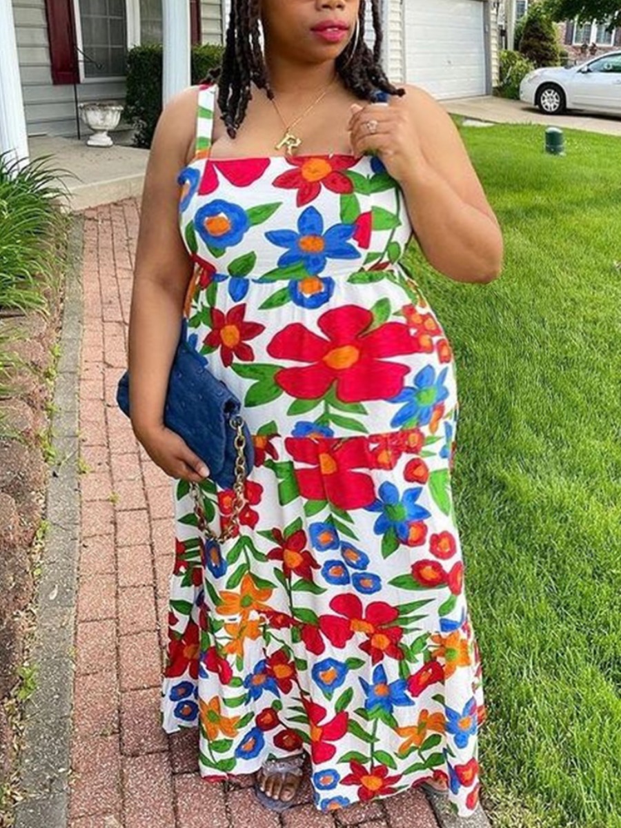 

LW BASICS Plus Size Casual Square Neck Floral Print Red Ankle Length Dress