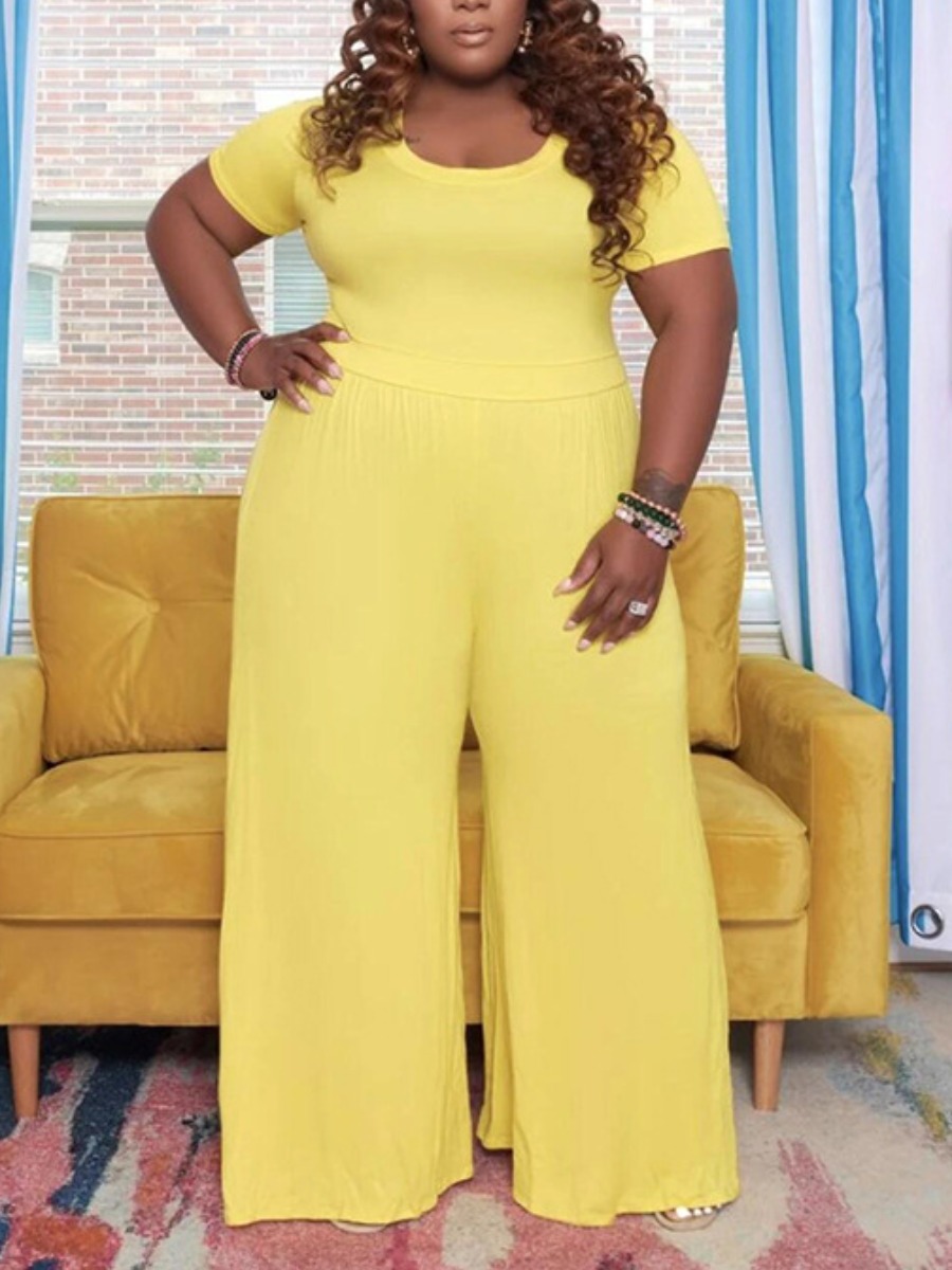 

Lovely Plus Size Casual Round Neck Wide Leg Yellow One-piece Jumpsuit