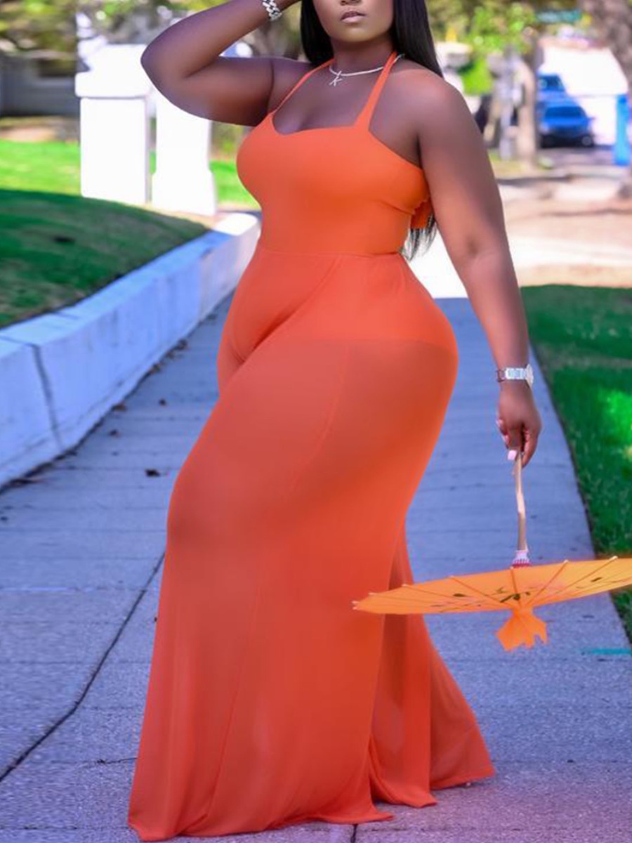 

Lovely Plus Size Casual Wide Leg See-through Croci One-piece Jumpsuit