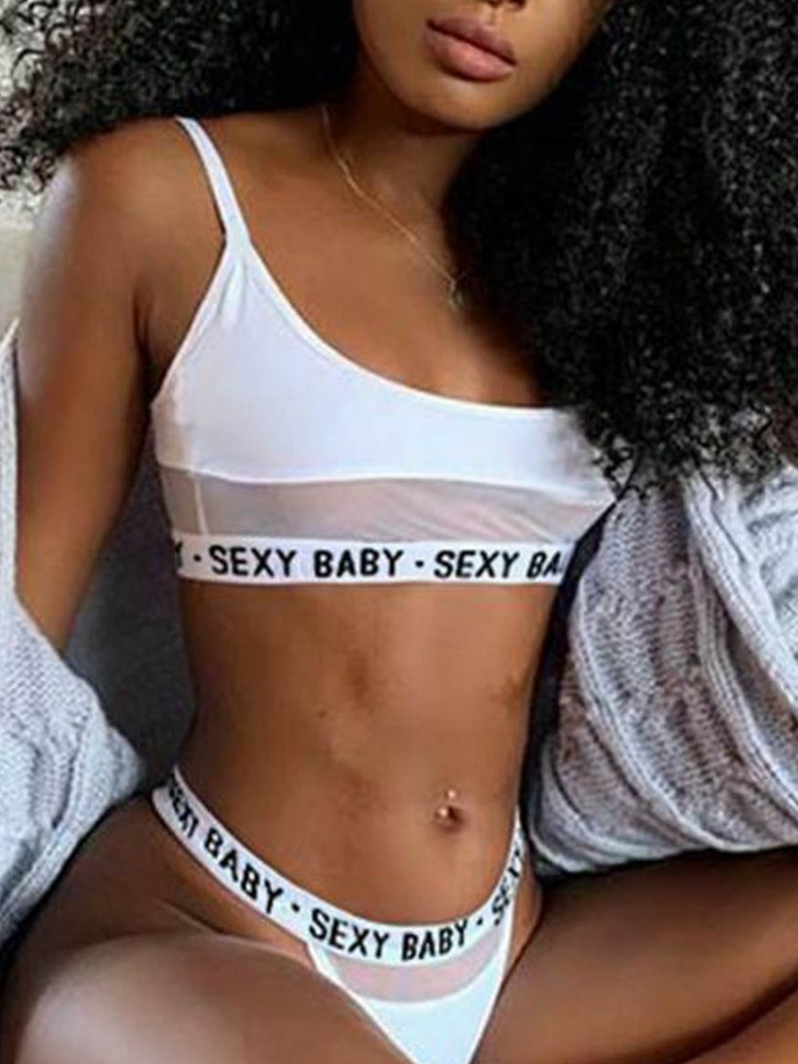

LW Sporty Letter Print See-through White Sports Bra Set