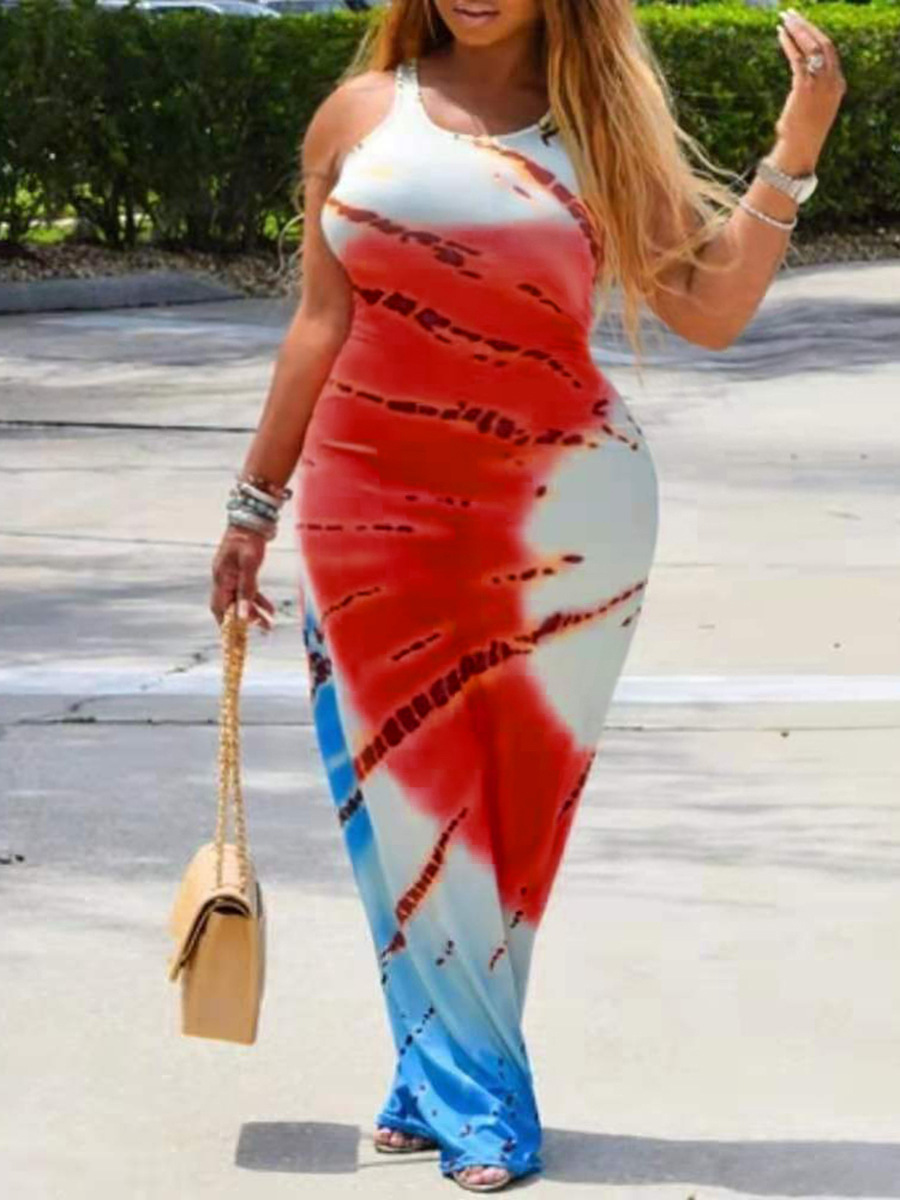 

Lovely Plus Size Boho U Neck Gradient Print Red Floor Length Dress