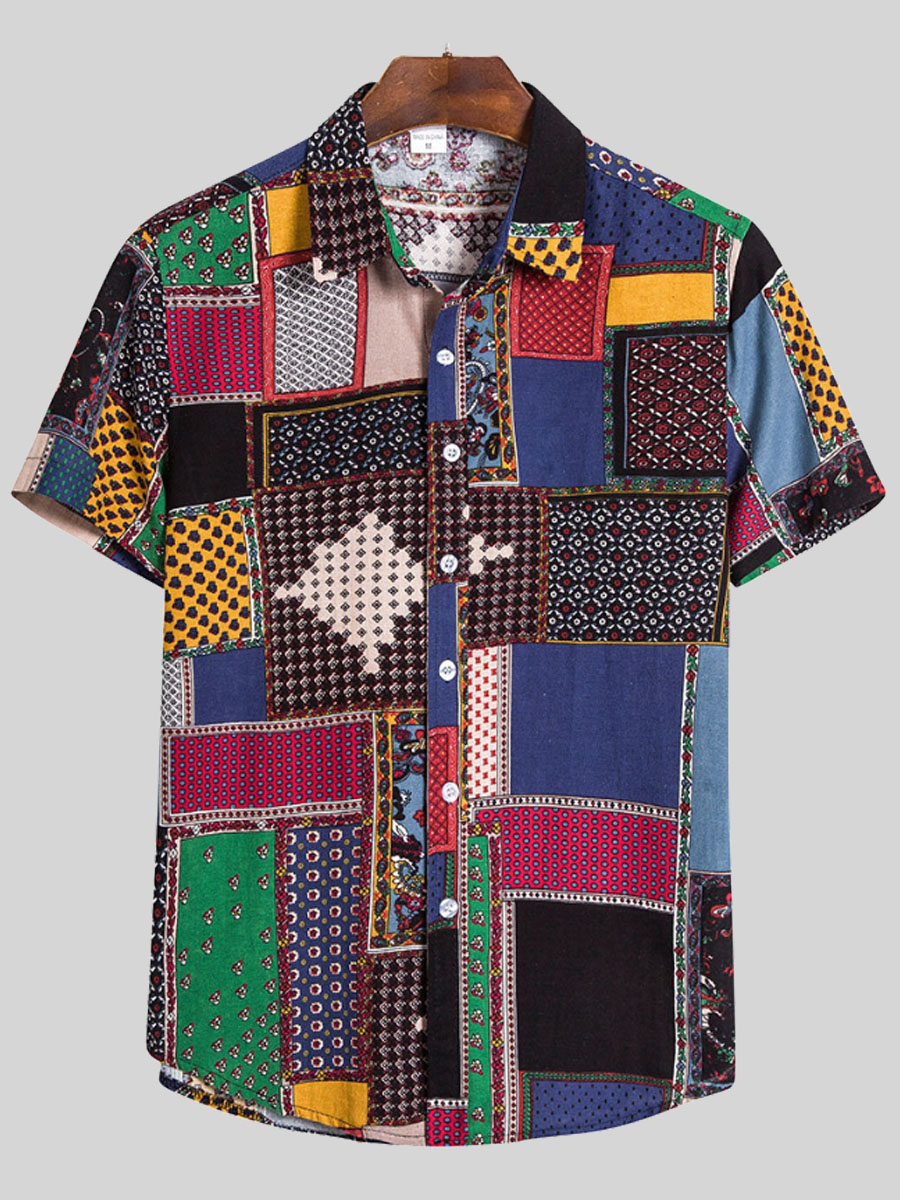 

Lovely Men Boho Geometric Print Patchwork Multicolor Shirt, Multi