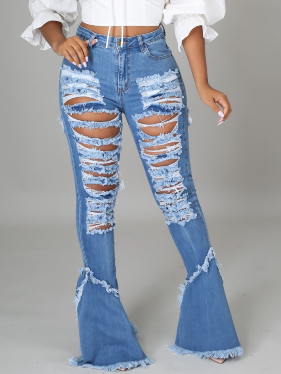 

Lovely Street Ripped Flared Baby Blue Jeans