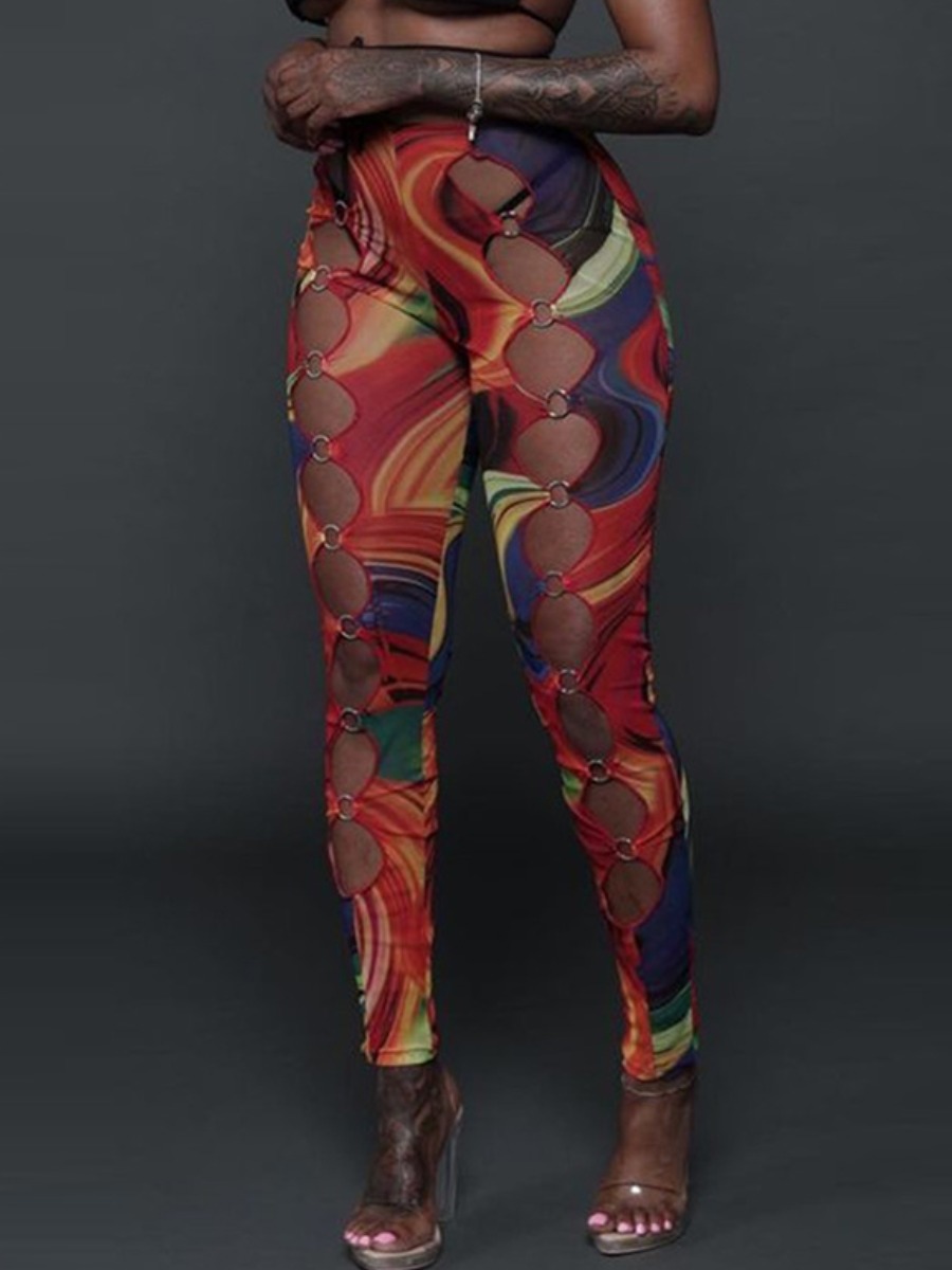 

Lovely Sexy Print Hollow-out Ring Detail Wine Red Pants