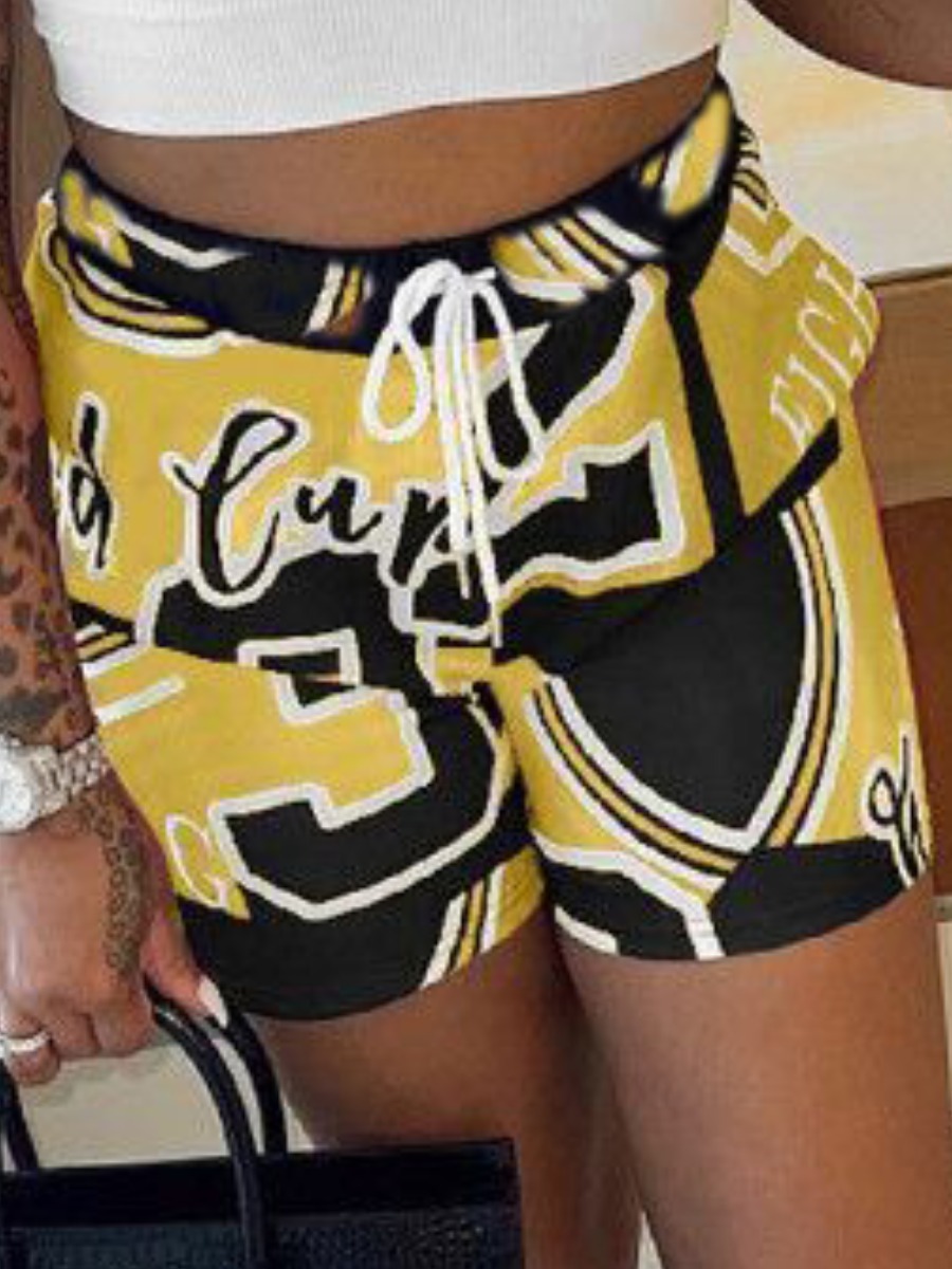 

Lovely Street Letter Print Drawstring Yellow Shorts