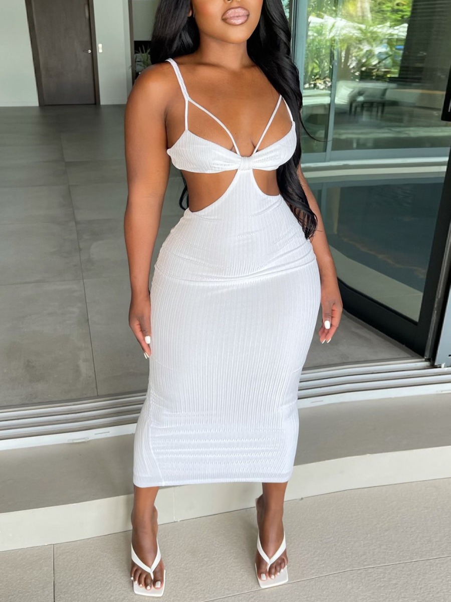 

Lovely Sexy Hollow-out Slit White Ankle Length Dress