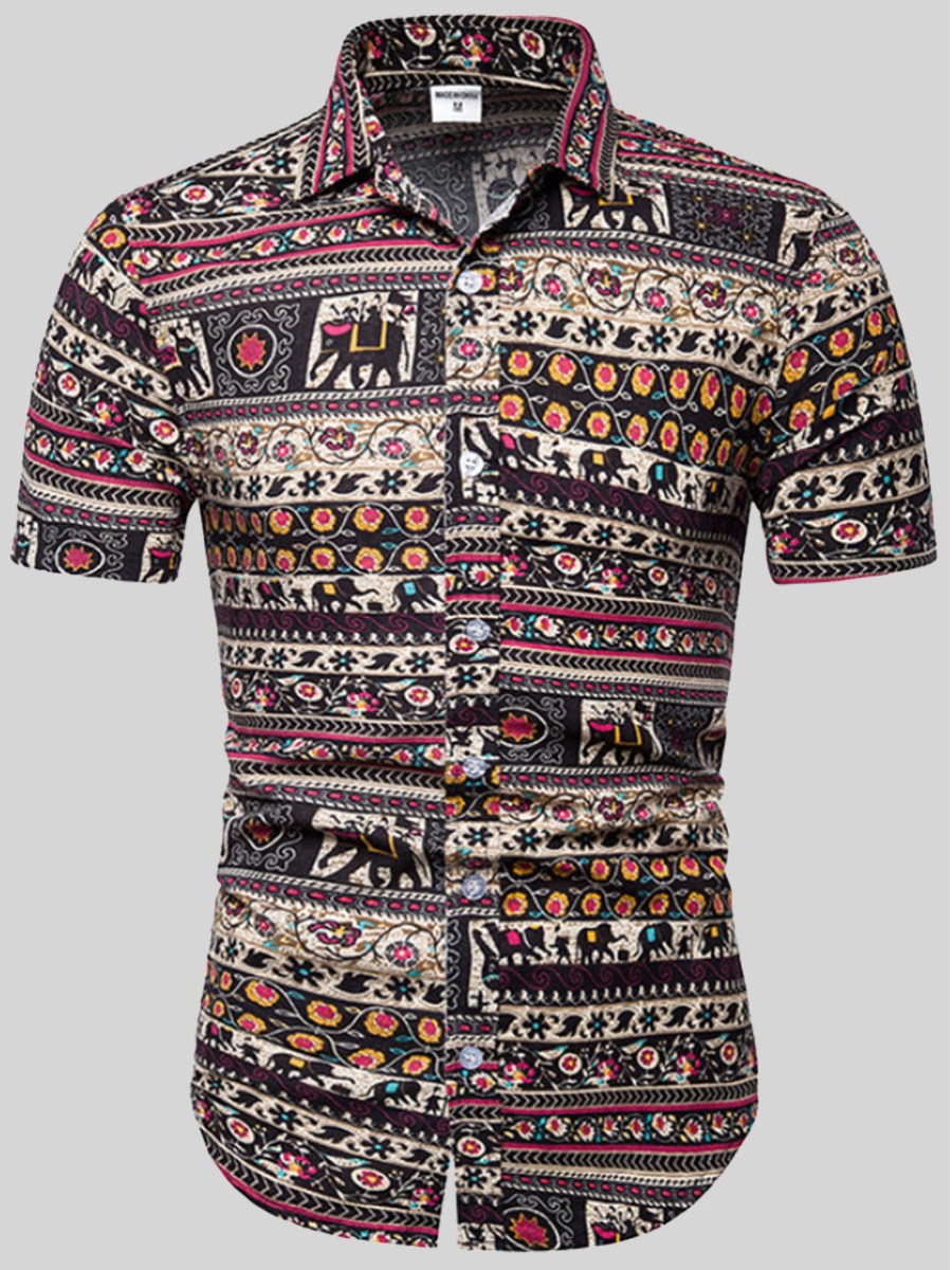 

LW Men Boho Animal Print Patchwork Multicolor Shirt, Multi