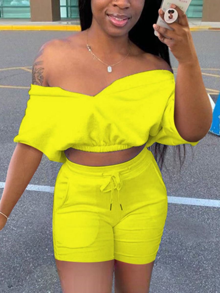 

Lovely Casual Off The Shoulder Drawstring Yellow Two Piece Shorts Set