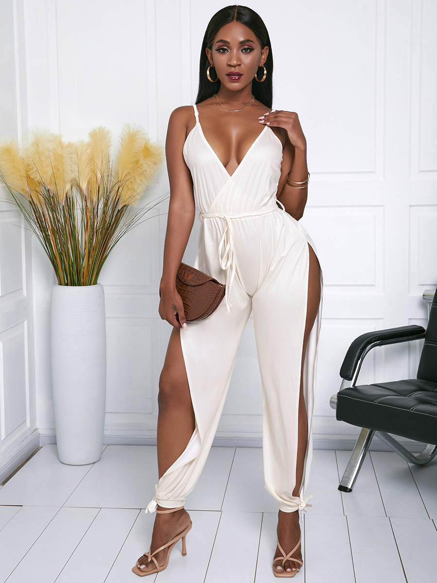 

Lovely Sexy Spaghetti Strap Split Beige One-piece Jumpsuit