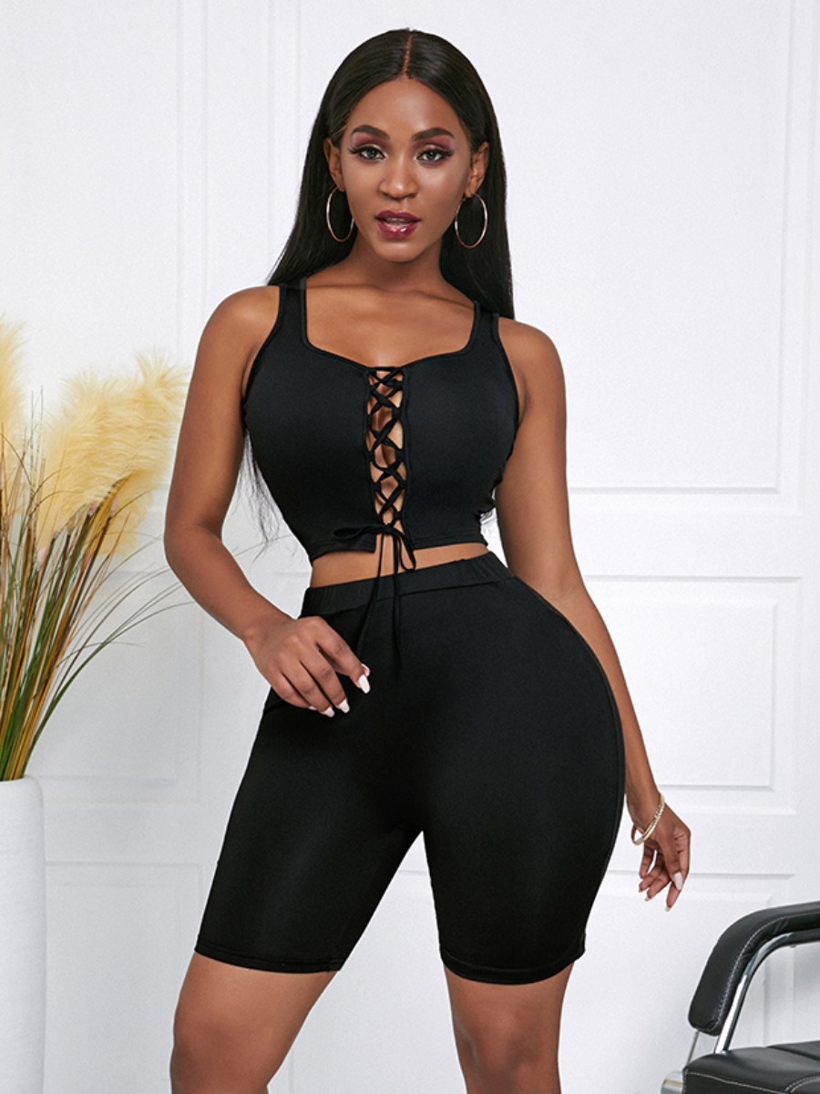 

Lovely Casual Bandage Hollow-out Design Black Two Piece Shorts Set