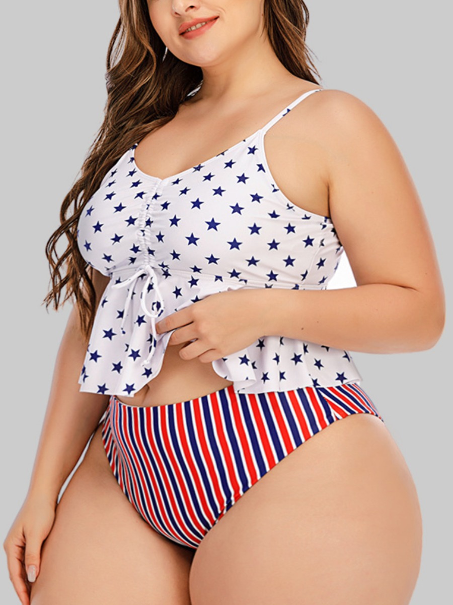 

Lovely Plus Size Boho Star Print Striped White Tankini