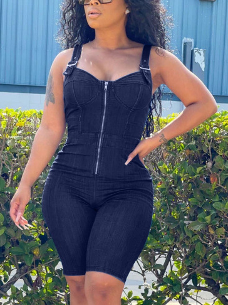 

Lovely Casual Buckle Zipper Design Blue One-piece Denim Jumpsuit