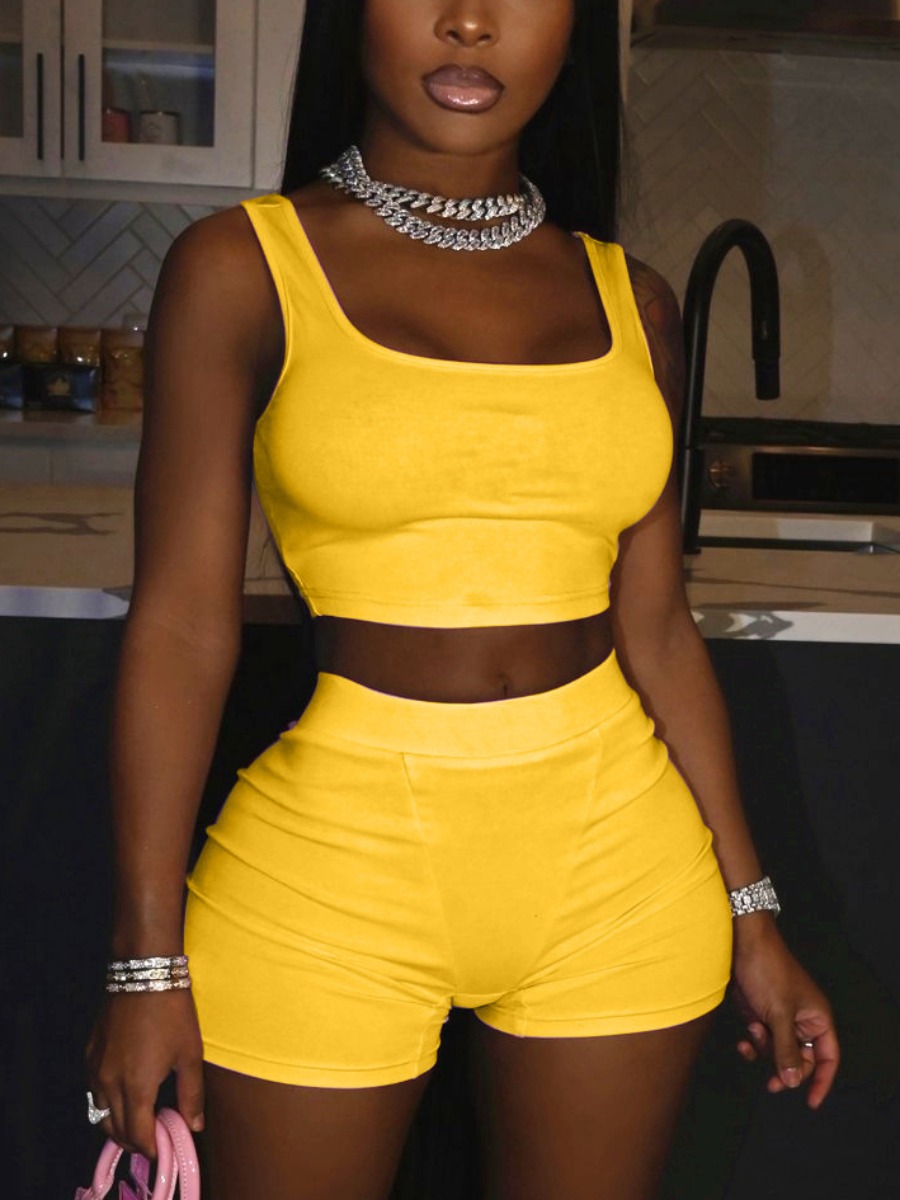 

LW BASICS Crop Top Cami Shorts Set, Yellow