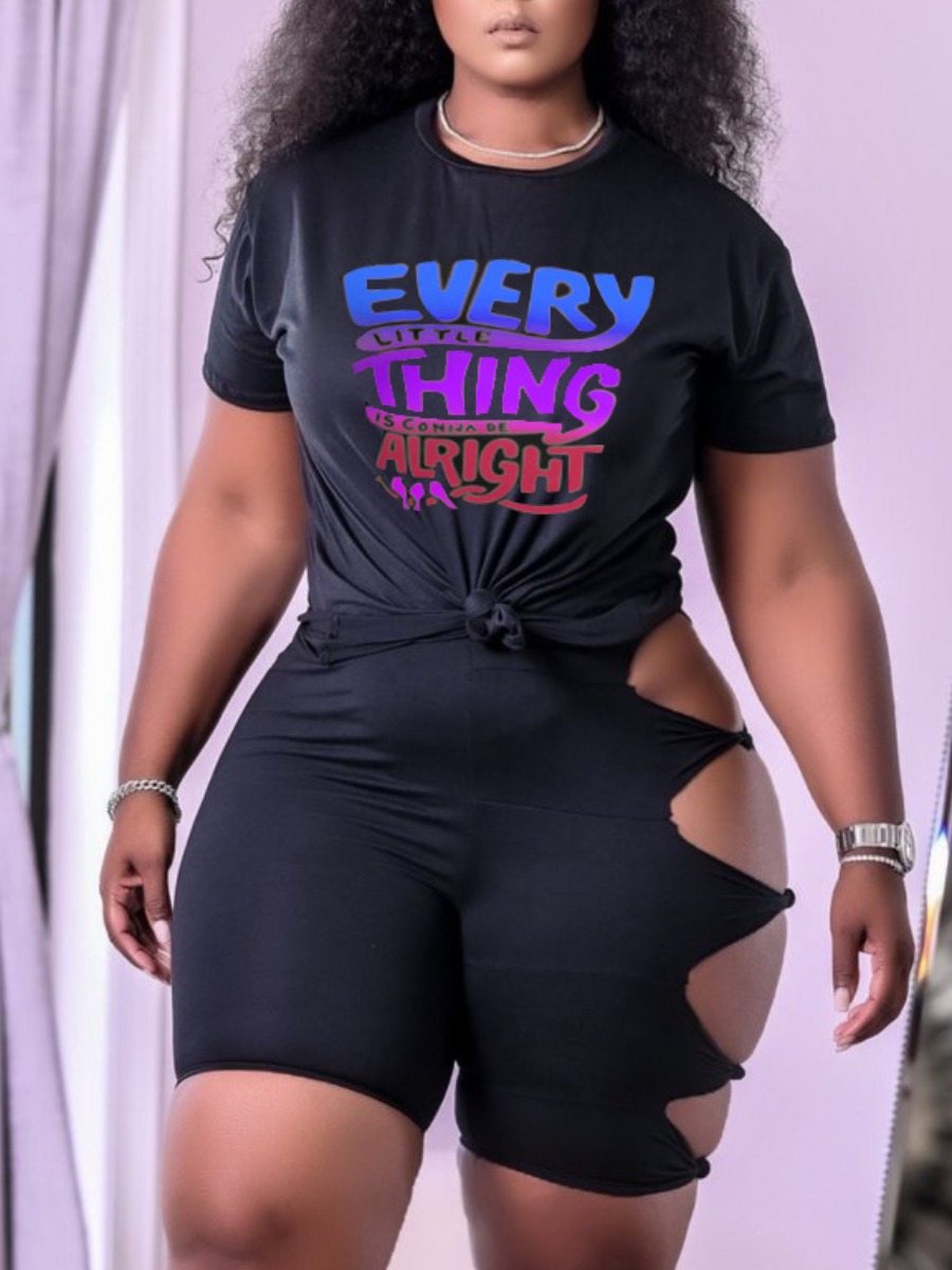 

LW Plus Size Street Letter Print Hollow-out Black Two-piece Shorts Set