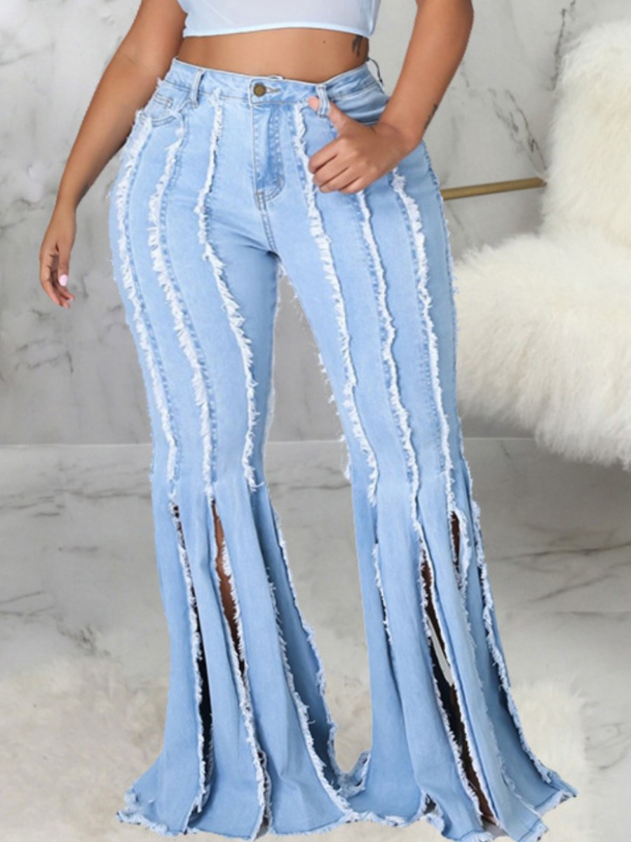 

Lovely Casual High-waisted Tassel Design Baby Blue Jeans