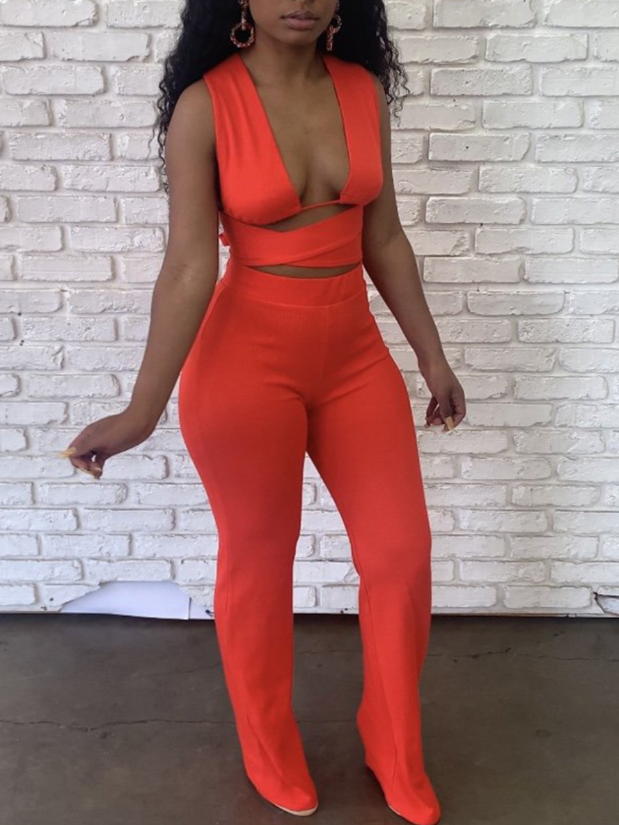 

Lovely Sexy Cross Strap Bandage Design Rose Red Two Piece Pants Set