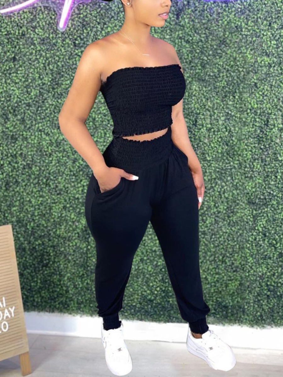 

LW Casual Off The Shoulder Shirred Black Two Piece Pants Set