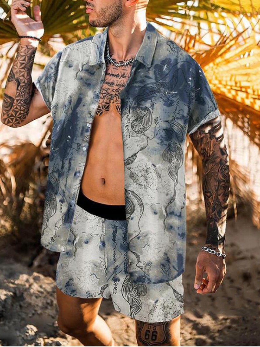 

Lovely Men Boho Turndown Collar Mixed Print Beige Two Piece Shorts Set