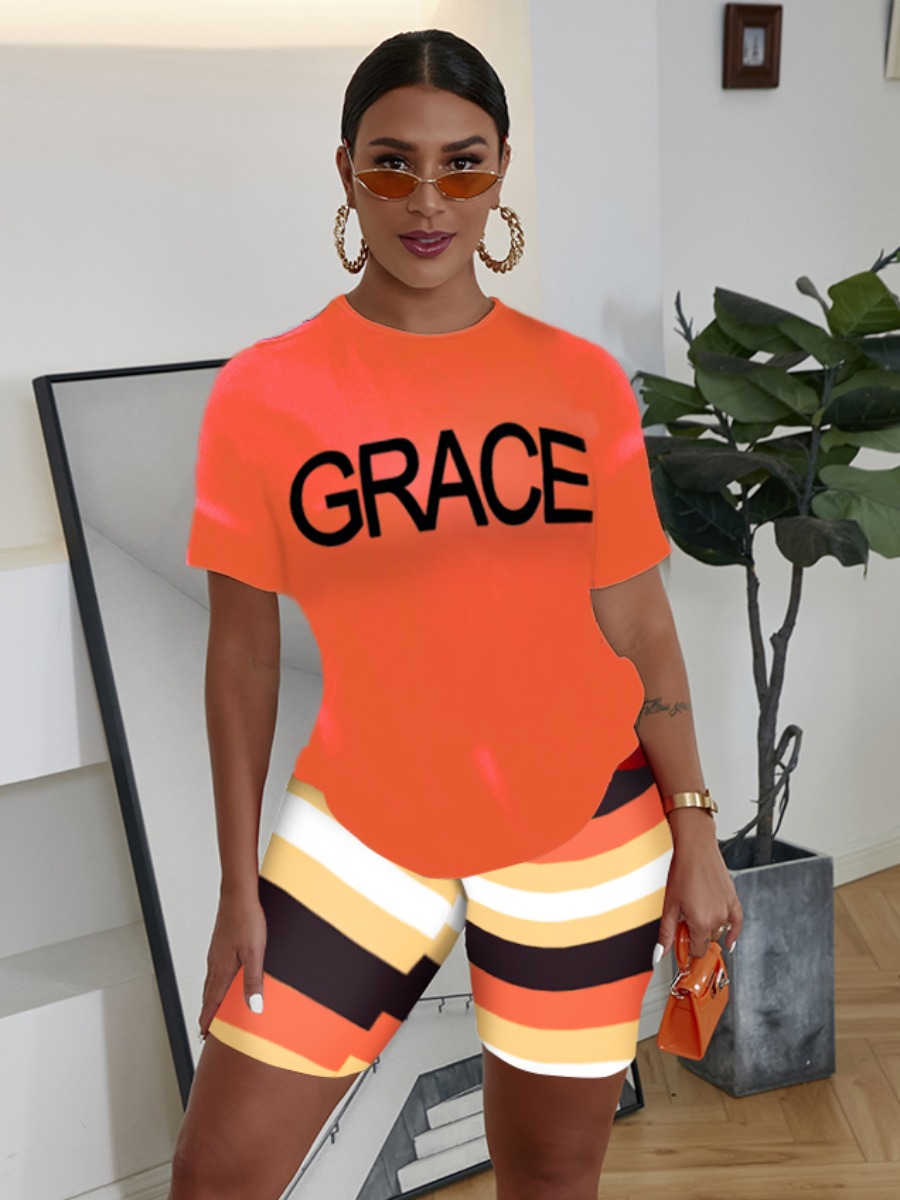 

LW BASICS Street Letter Print Striped Orange Two Piece Shorts Set